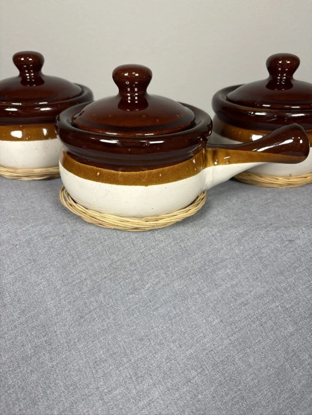 Vintage Set of 3 Stoneware French Onion Soup Crocks with Lids and Handles W/bask
